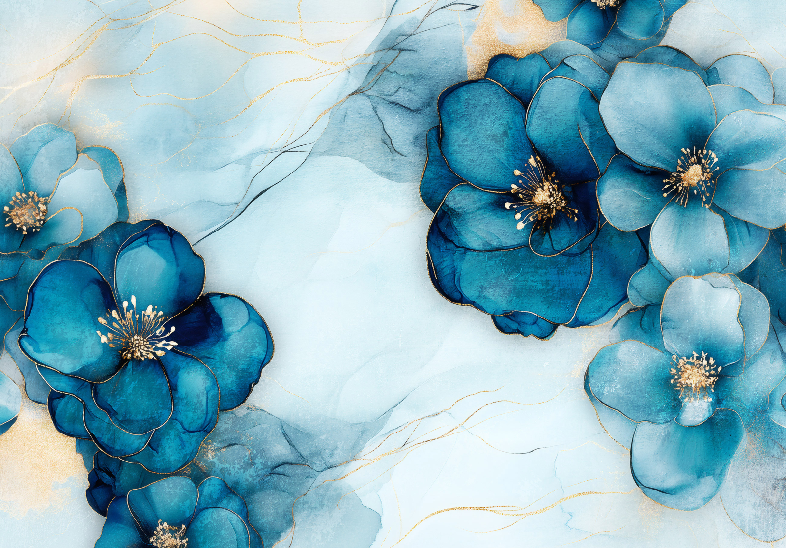 Елегантен фототапет с сини акварелни цветя и златни акценти